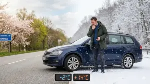 Auto halb im Frühling, halb im Winter