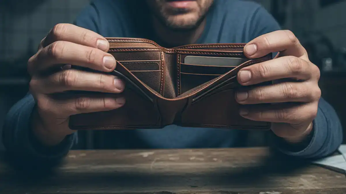 Ein Mann hät sein leeres Portemonnaie