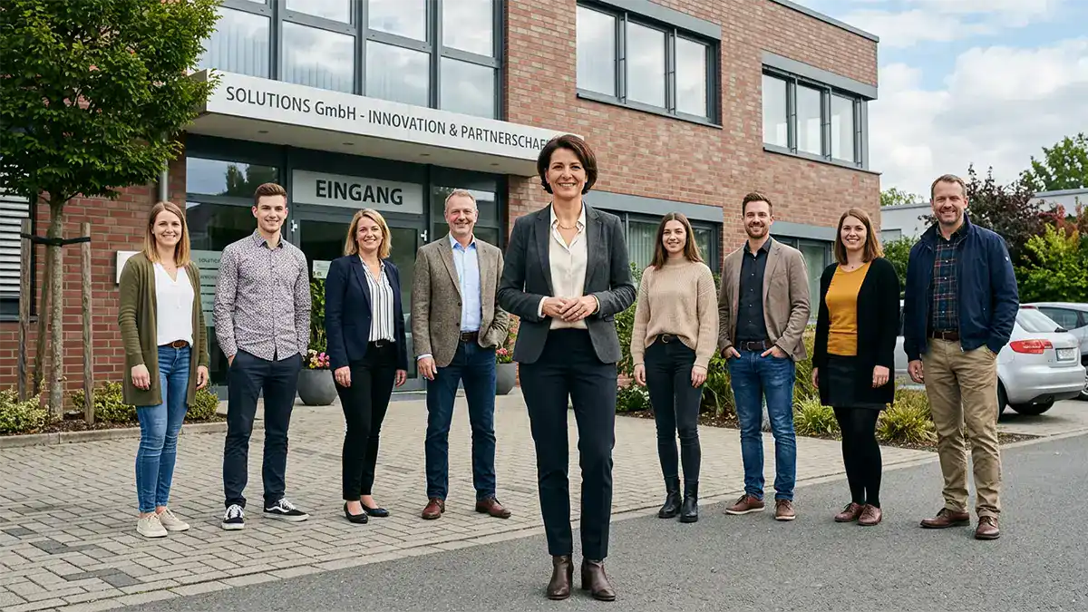 Chefin mit ihrer Belegschaft vor der Firma