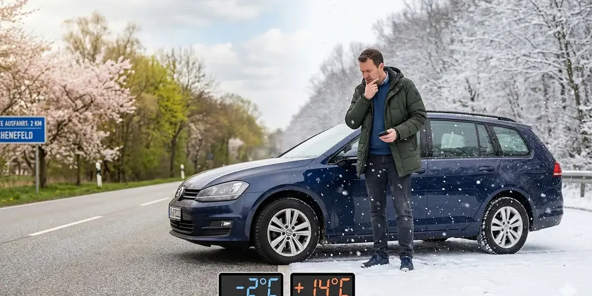 Auto halb im Frühling, halb im Winter