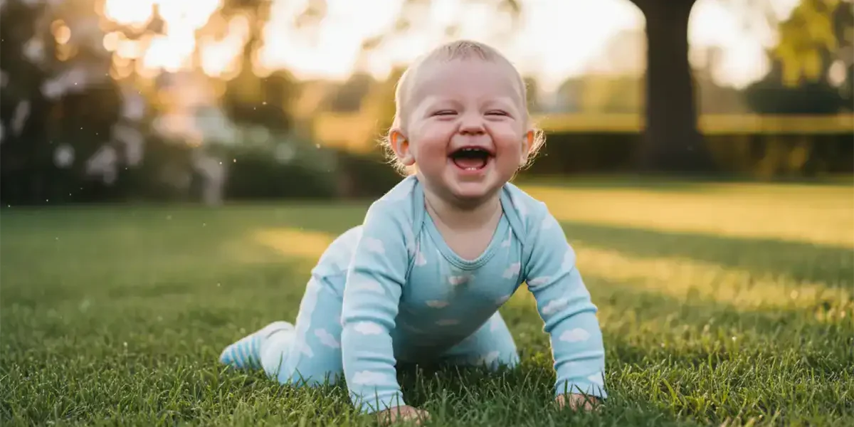 Krabbelndes Baby auf dem Rasen, es lacht