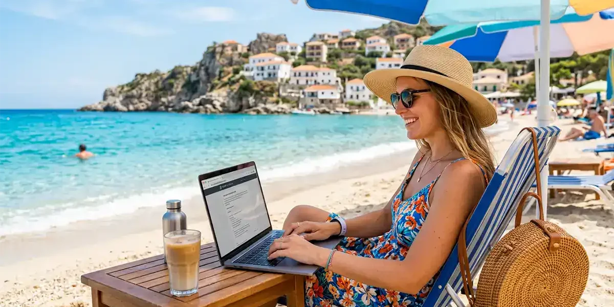 Frau am Strand mit Laptop