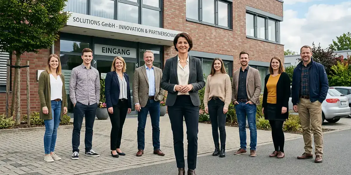 Chefin mit ihrer Belegschaft vor der Firma