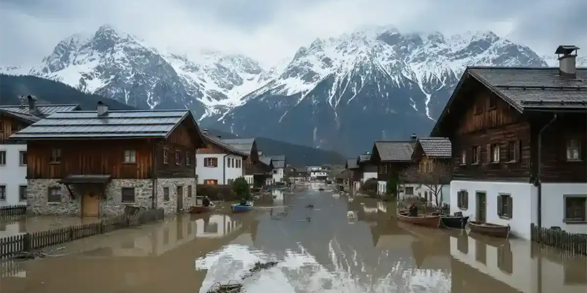 Vom Hochwasser überschwemmtes Dorf