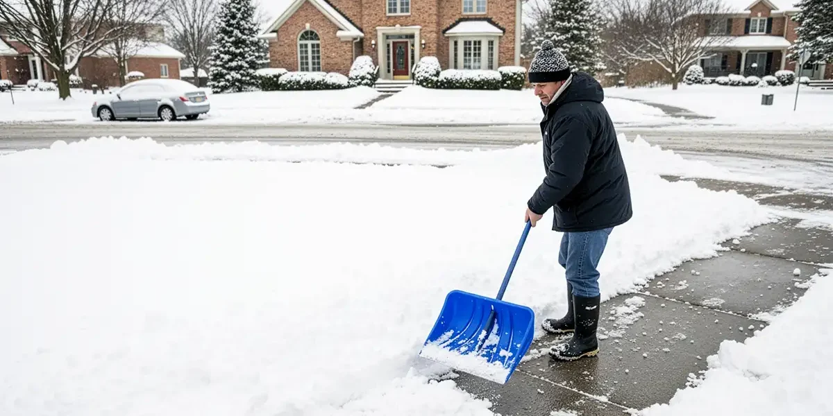 Ein Mann räumt einen Weg von Schnee frei