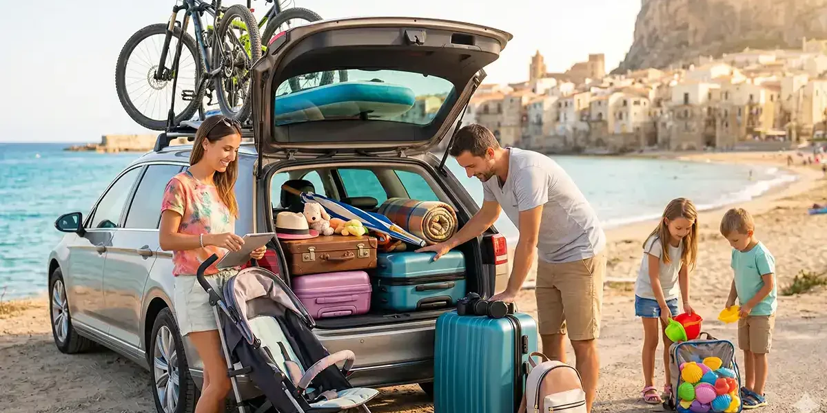 Familie vor gepacktem Auto im Urlaub. Der Kofferraum steht offen