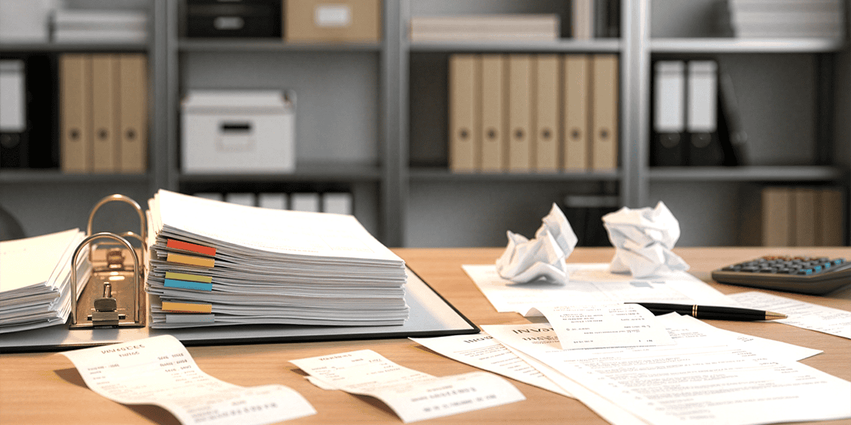 Ordner und Rechnungen auf einem Schreibtisch