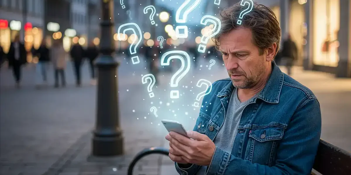 Mann am Smartphone mit Fragezeichen