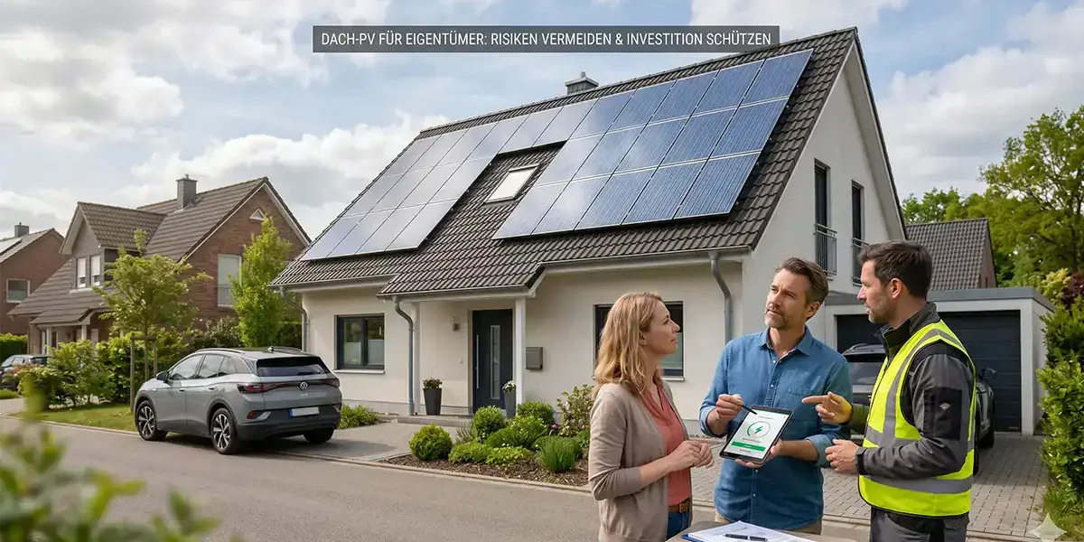 Haus mit Photovoltaikanlage, Besitzer davor, die mit einem Berater über die Versicherung sprechen