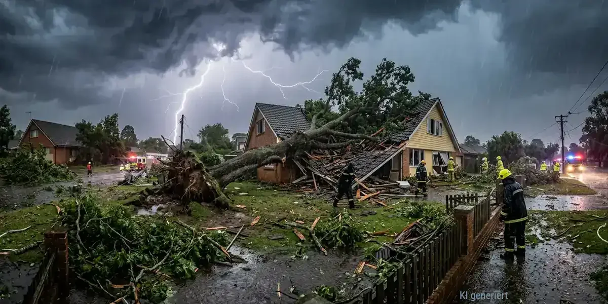 Baum ist bei Gewitter auf ein Hausdach gefallen