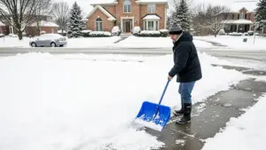 Ein Mann räumt einen Weg von Schnee frei