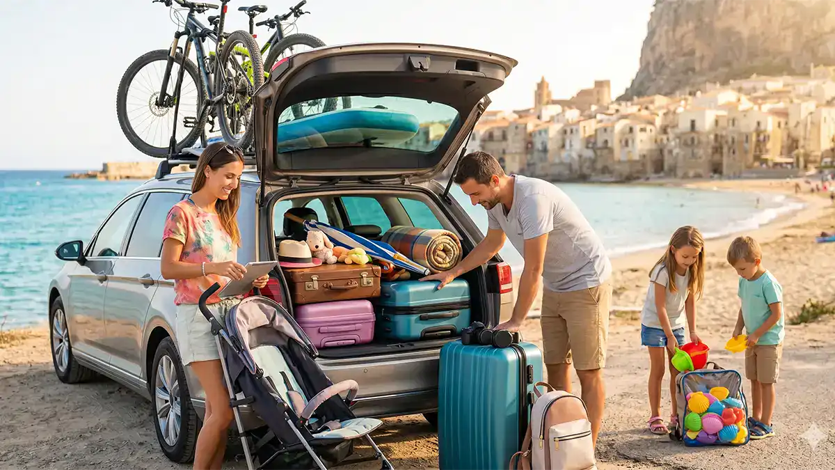Familie vor gepacktem Auto im Urlaub. Der Kofferraum steht offen