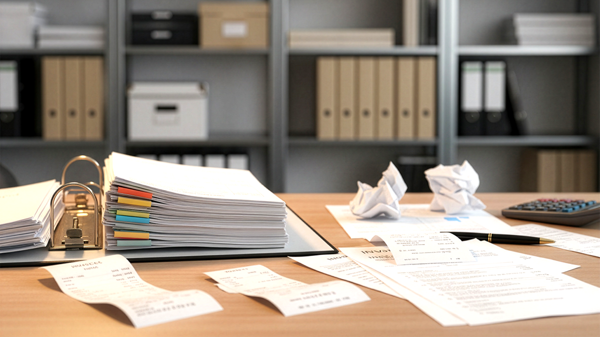 Ordner und Rechnungen auf einem Schreibtisch