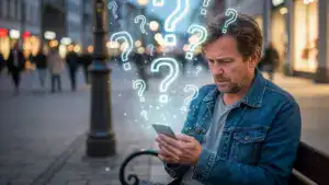 Mann am Smartphone mit Fragezeichen