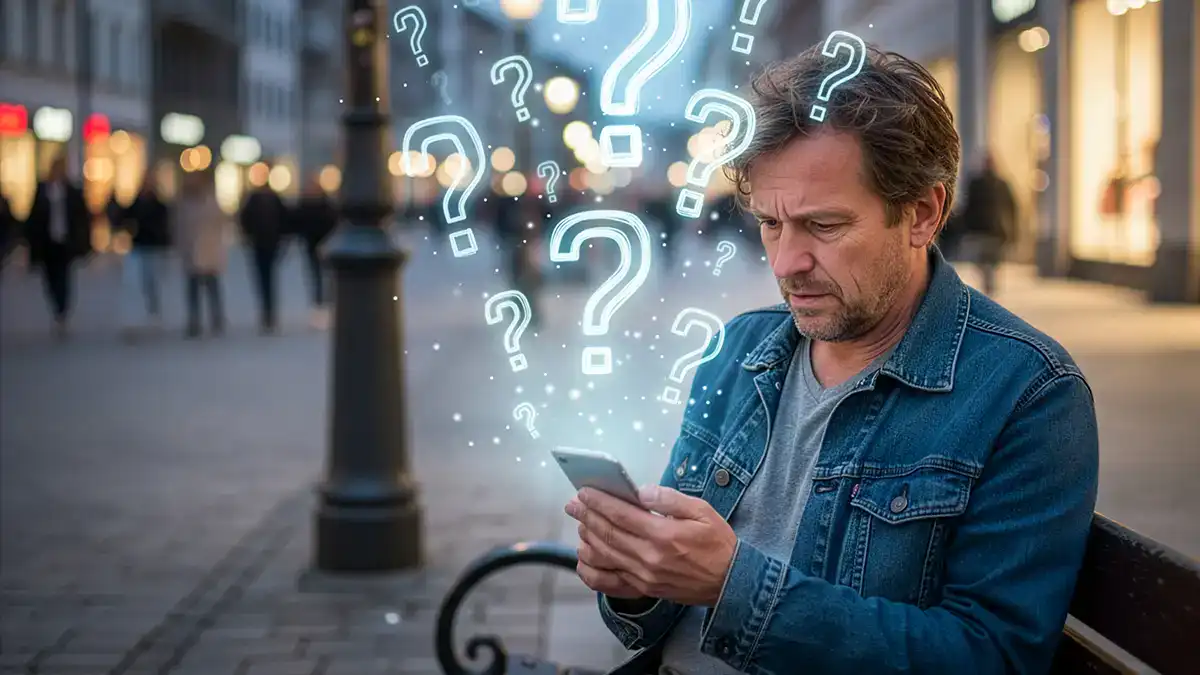 Mann am Smartphone mit Fragezeichen