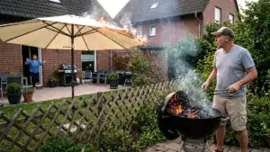 Ein Mann steht in seinem Garten am Kohlegrill. es fliegen Funken zum Nachbarn, die dessen Gartenschirm in Brand setzen