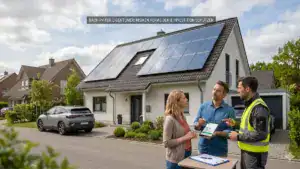 Haus mit Photovoltaikanlage, Besitzer davor, die mit einem Berater über die Versicherung sprechen