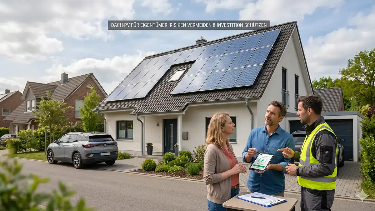 Haus mit Photovoltaikanlage, Besitzer davor, die mit einem Berater über die Versicherung sprechen