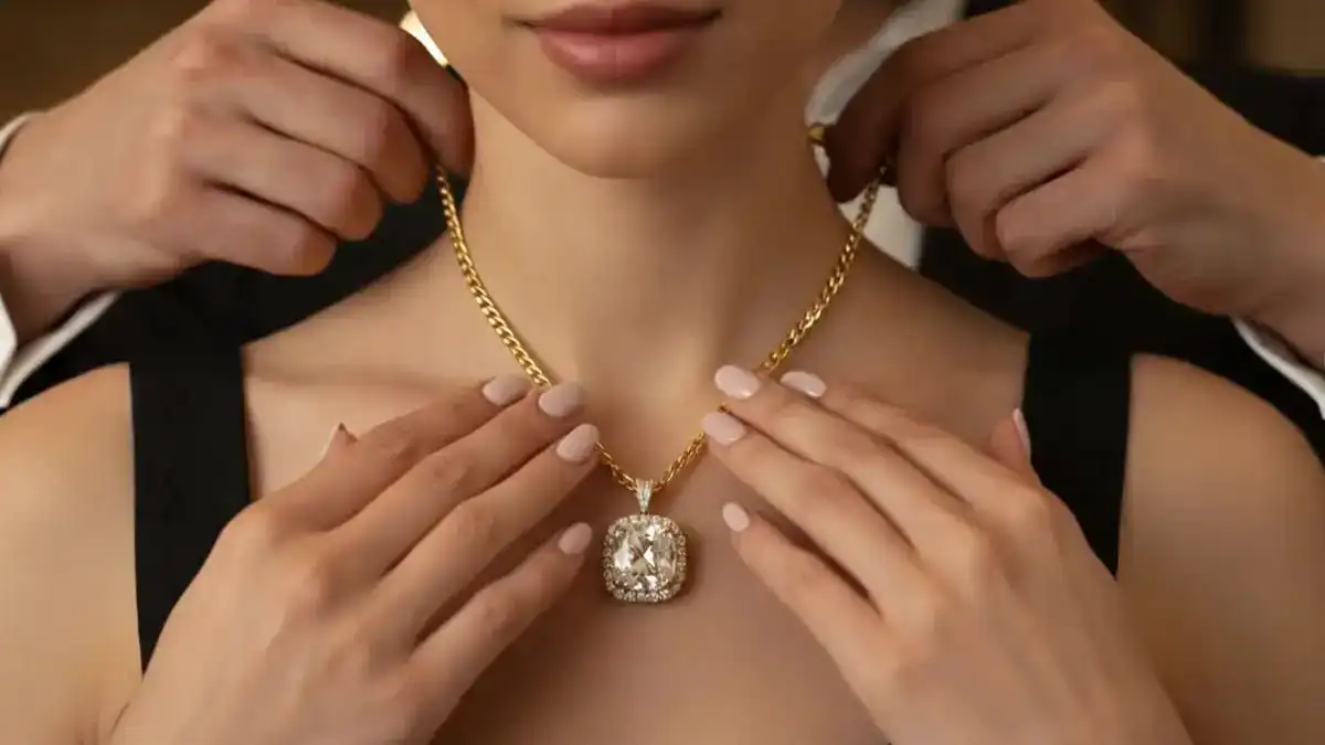 Einer Frau wird eine teure Kette umgelegt