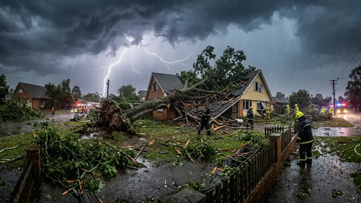 Baum ist bei Gewitter auf ein Hausdach gefallen